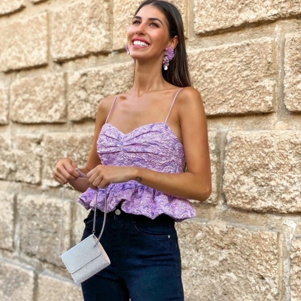 New Zara Strappy Peplum Lilac Purple Metallic Top Medium
